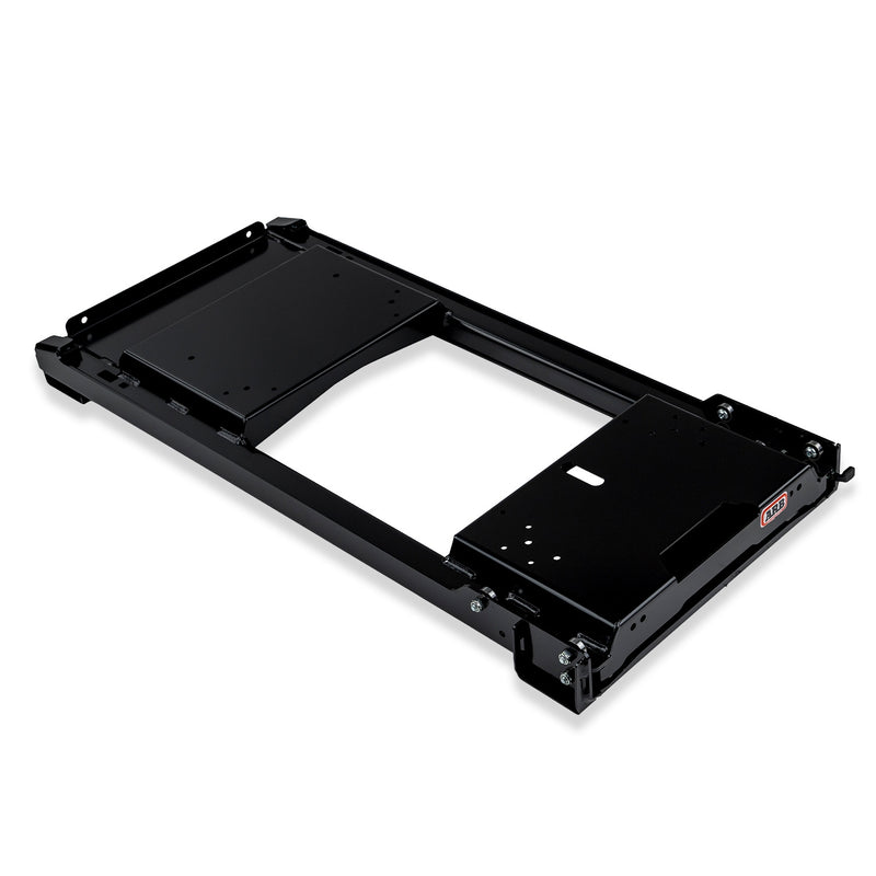 ARB ZERO fridge slide 10900048, black powder coated steel frame viewed from above showing the two fridge foot locator platforms, the perimeter rails and the ARB badge