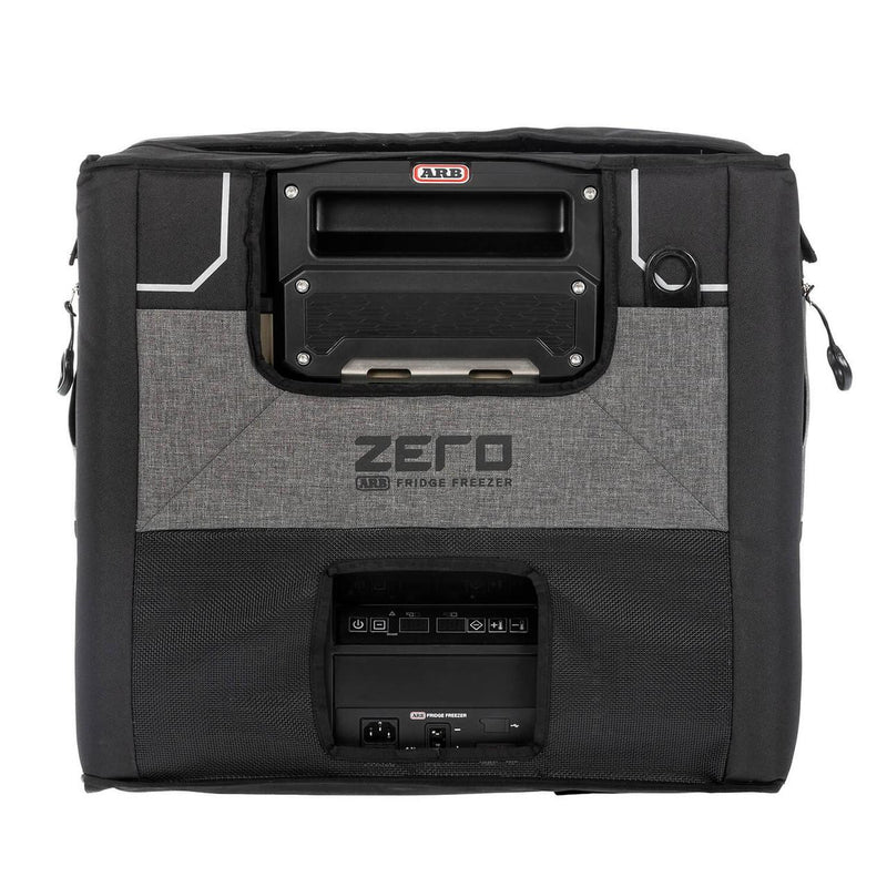 ARB ZERO transit bag for the 101 qt dual zone fridge freezer, front elevation showing the grey and black polyester panels, the cut out around the recessed ARB handle and the opening over the control panel