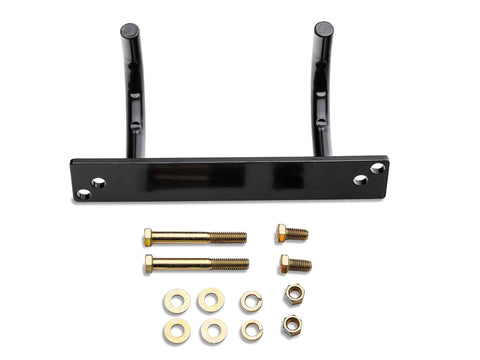 Black BackRack ladder bracket plate with two upright hooks, bolts, washers and nuts on a white background