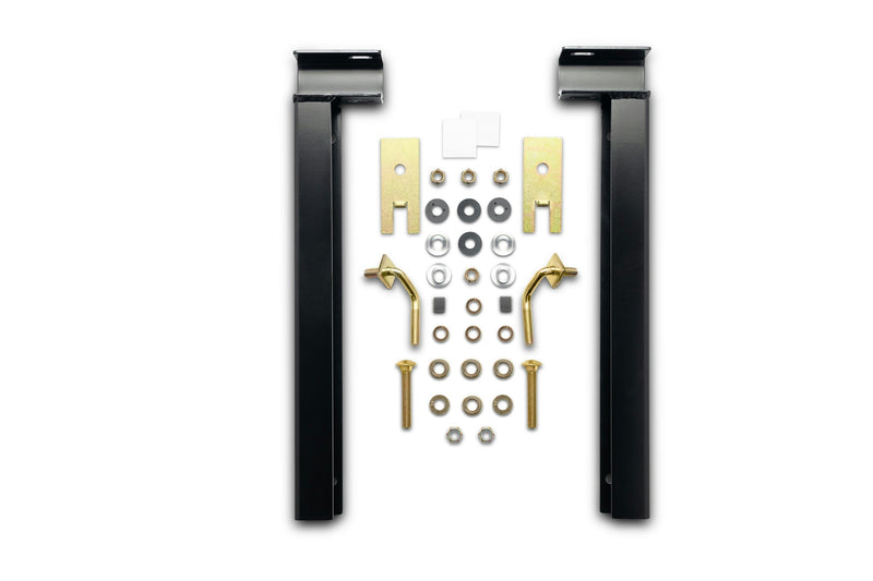 BackRack Crossover Toolbox Installation Kit 30123TB for a 21 inch toolbox, black brackets, spacer plates and hardware laid out on white