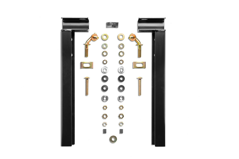 BackRack Crossover Toolbox Installation Kit 30221TB for a 21 inch toolbox, black brackets, stake pocket bolts and hardware laid out on white