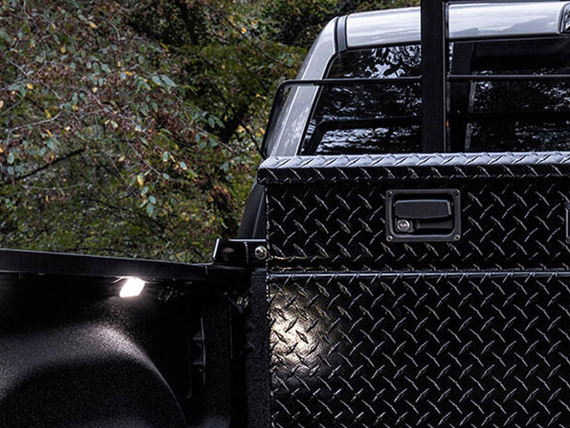 BackRack Crossover Toolbox: black rack rising behind a black diamond plate toolbox on a pickup, with trees in the background