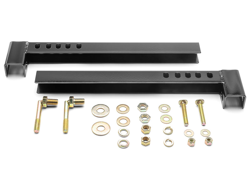 BackRack Crossover Toolbox: two black toolbox mounting rails with J-bolts, bolts, nuts and washers on a white background