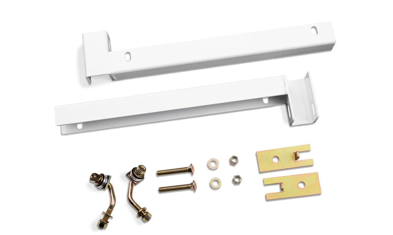 BackRack Crossover Toolbox: two white powder coated toolbox mounting rails with J-bolts, spacers and hardware on a white background