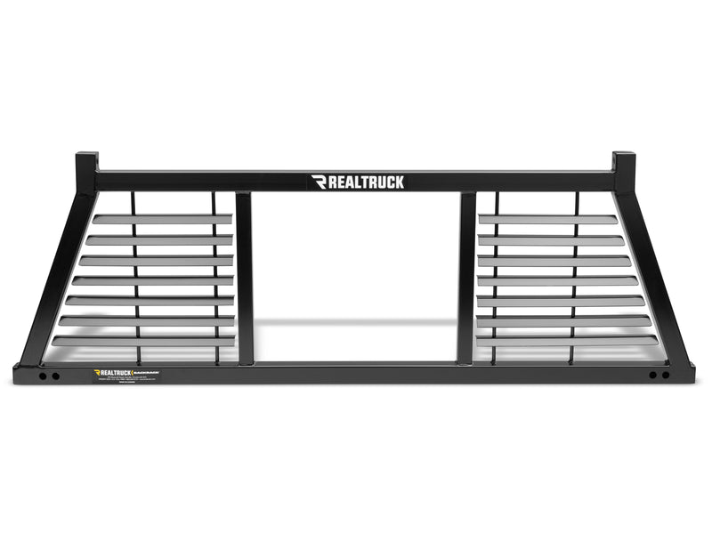 BackRack Half Louvered: black half louvered headache rack seen straight on, with louvered outer panels and an open center window section