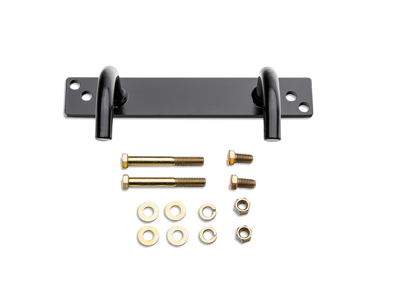 BackRack Ladder Bracket: black ladder bracket plate with two curved hooks, shown with bolts, washers and nuts on a white background
