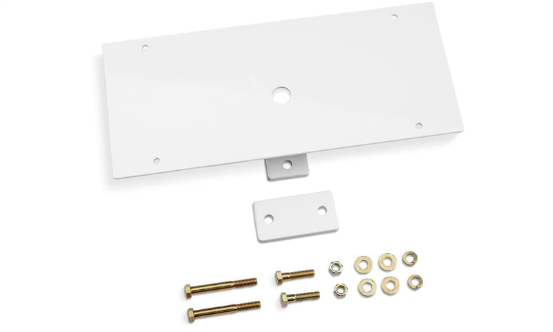 BackRack 10.5 inch Center Mount Light Bracket in white, plate and hardware laid out on white