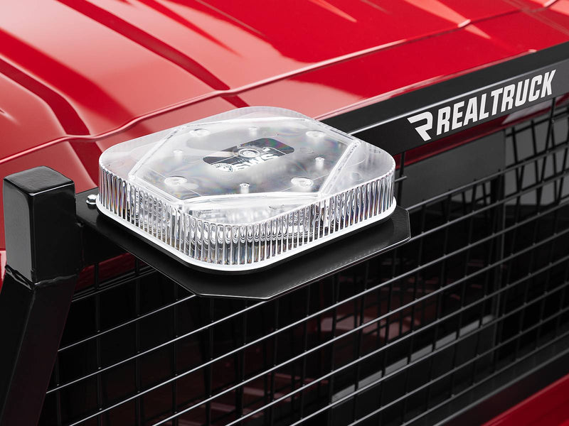 BackRack Light Brackets: A clear LED beacon sits on a black mounting plate at the corner of a mesh headache rack