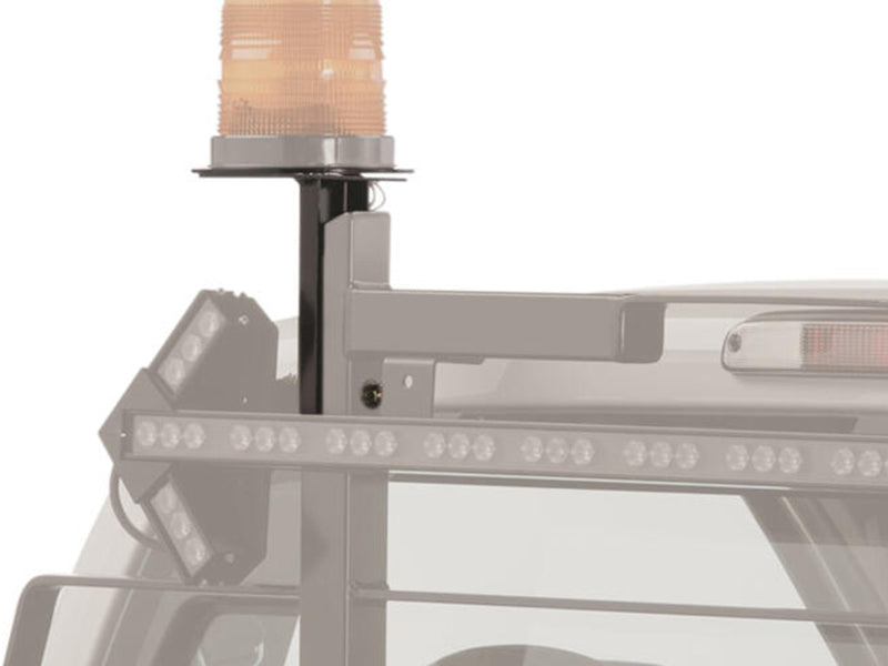 BackRack Light Brackets: black beacon bracket on a rack upright holding an amber beacon, with the rest of the rack and truck faded to gray