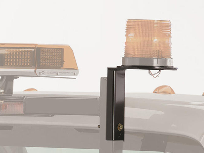 BackRack Light Brackets: black beacon bracket on a rack upright holding an amber beacon next to a light bar, with the truck faded to gray