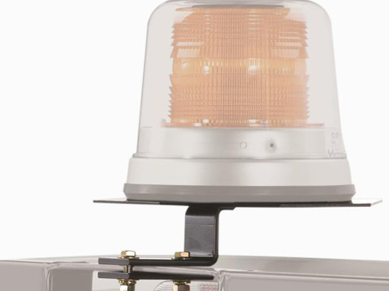 BackRack Light Brackets: black beacon bracket supporting a large amber beacon light, with the rack behind faded to gray