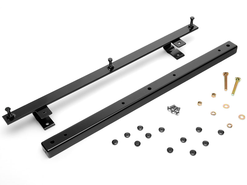 BackRack Light Brackets: two black steel mounting bars are laid out with bolts, nuts and plastic caps on white