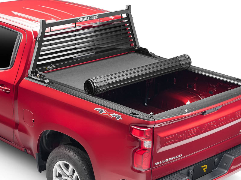 BackRack Louvered: A black louvered headache rack is mounted on a red pickup with a rolled tonneau cover