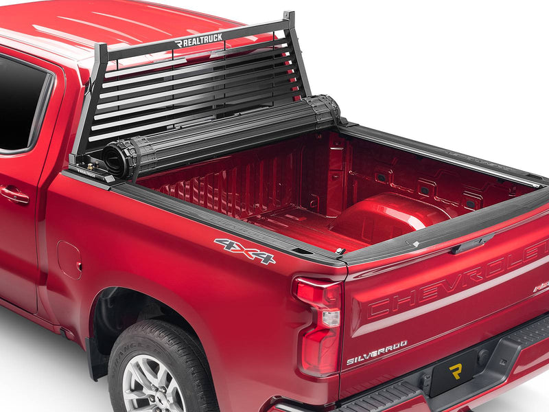 BackRack Louvered: A black louvered headache rack is mounted on a red pickup with a rolled tonneau cover