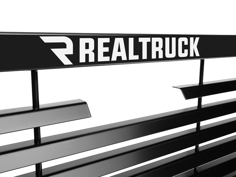 BackRack Louvered: close view of the top bar and louver ends of a black louvered headache rack