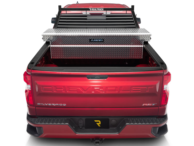 BackRack Louvered: rear view of a red Chevrolet Silverado with a black louvered headache rack and a diamond plate toolbox