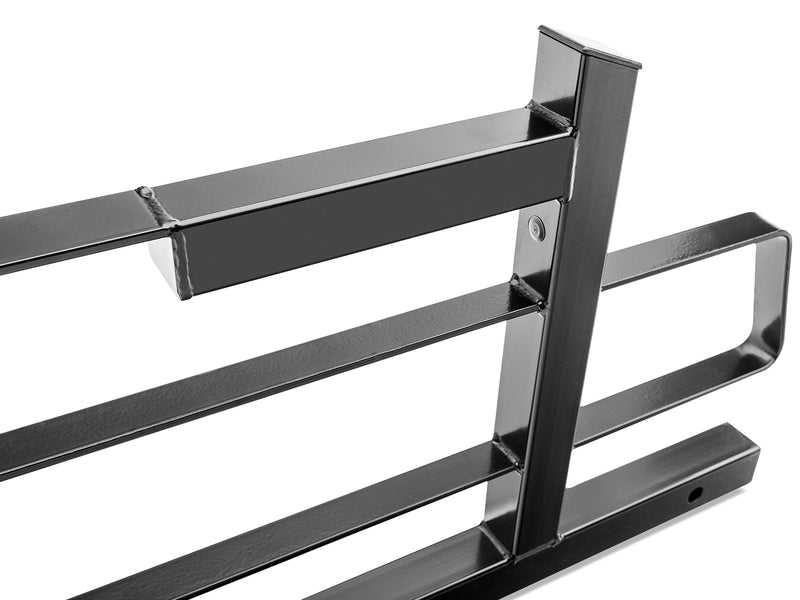 BackRack Original: close-up of a black Original headache rack upright, top bar and side grab handle on a white background