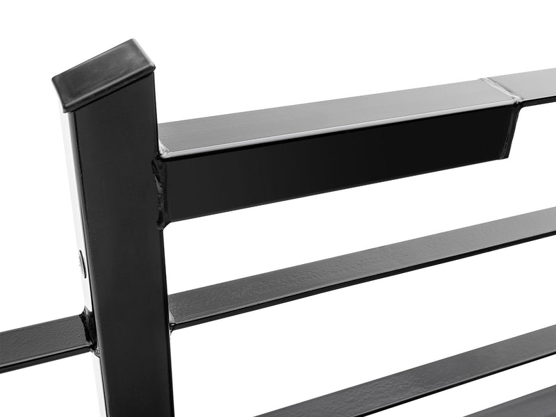 BackRack Original: close-up of a black Original headache rack upright and horizontal bars on a white background