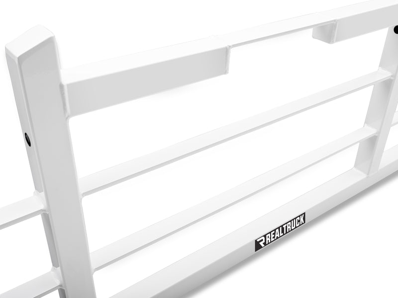 BackRack Original: close-up of a white Original headache rack upright, bars and RealTruck decal on a white background