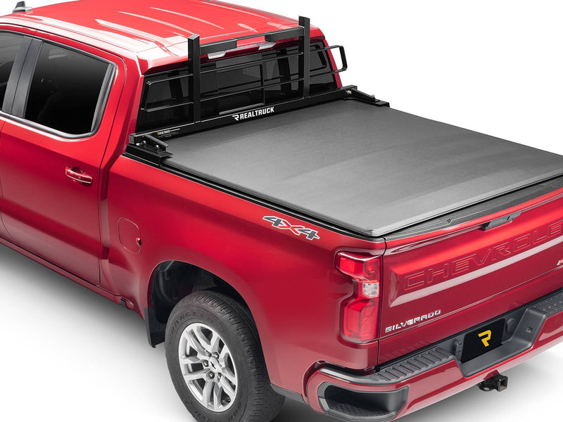BackRack Original: red pickup with a black Original headache rack behind the cab and a closed black tonneau cover