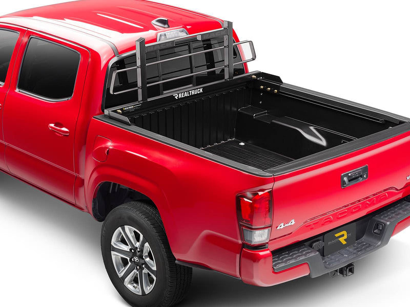 BackRack Original Short: red pickup with a black Original style headache rack mounted behind the cab and an empty bed