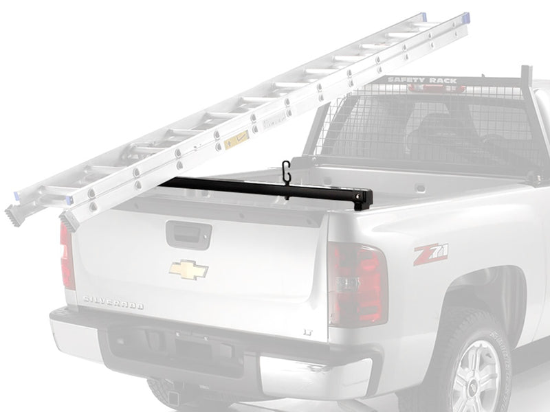 BackRack Rear Bar: ghosted silver pickup scene with the black rear ladder bar highlighted at the tailgate end