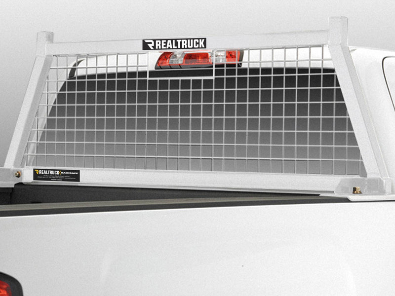 BackRack Safety: white Safety headache rack with wire mesh screen mounted behind the cab of a white pickup