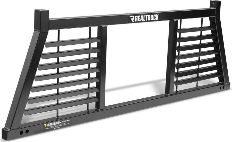 BackRack Half Louvered Headache Rack: Black half louvered headache rack at a three-quarter angle on a white background, louvers on both outer panels and an open center.