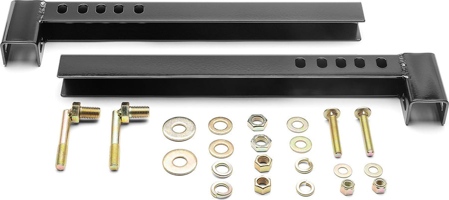 BackRack Crossover Toolbox Installation Kit: Two black toolbox mounting rails with J-bolts, bolts, nuts and washers on a white background.