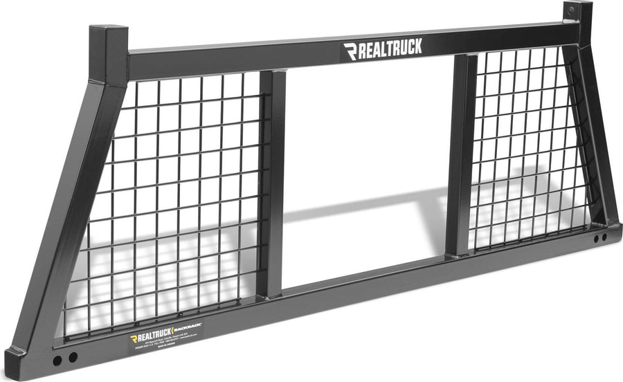 BackRack Half Safety Headache Rack: Black half safety headache rack at a three-quarter angle on a white background, with welded mesh outer panels and an open center.