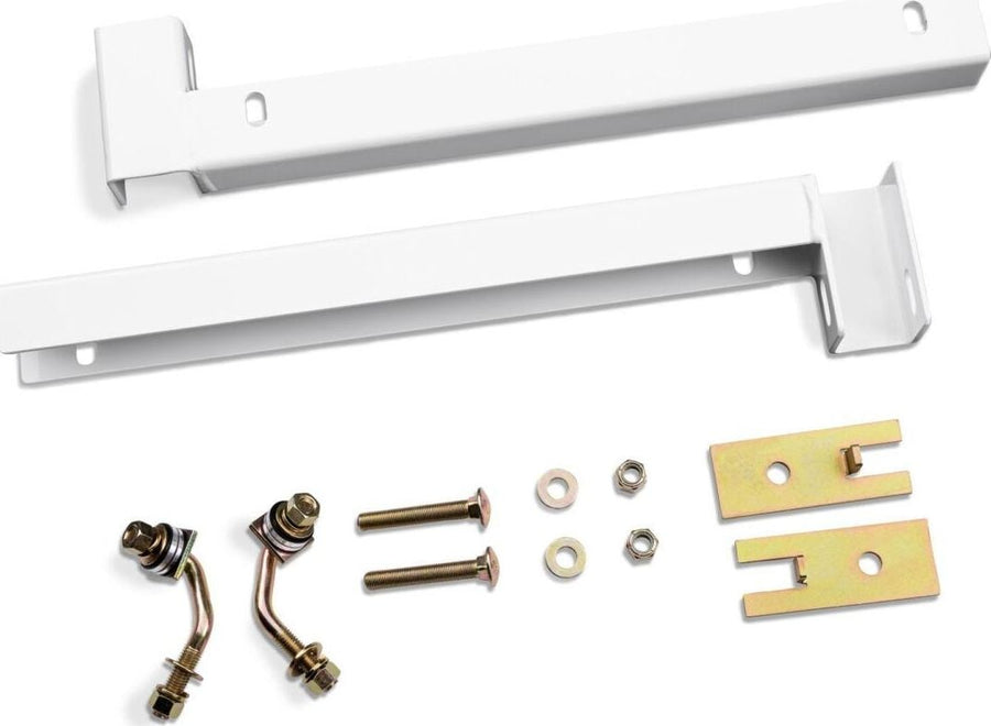 BackRack Crossover Toolbox Installation Kit: Two white powder coated toolbox mounting rails with J-bolts, spacers and hardware on a white background.