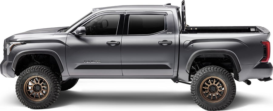 BackRack SR Headache Rack: Side profile of a gray crew cab pickup with a black headache rack at the front of the bed.