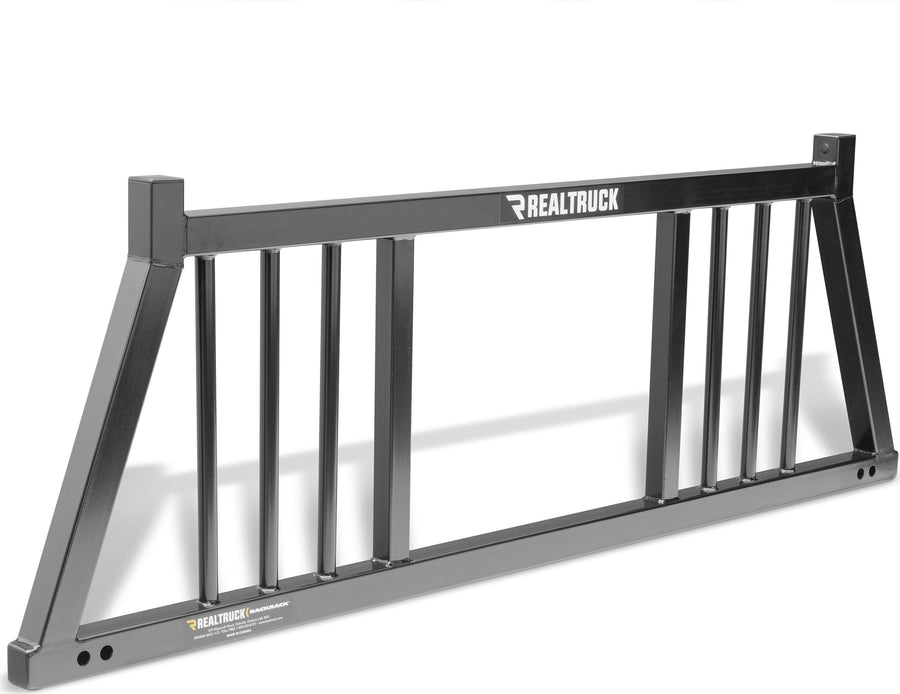 BackRack Three Round Headache Rack: A black headache rack with groups of vertical bars on each side and an open center, shown on a white background.
