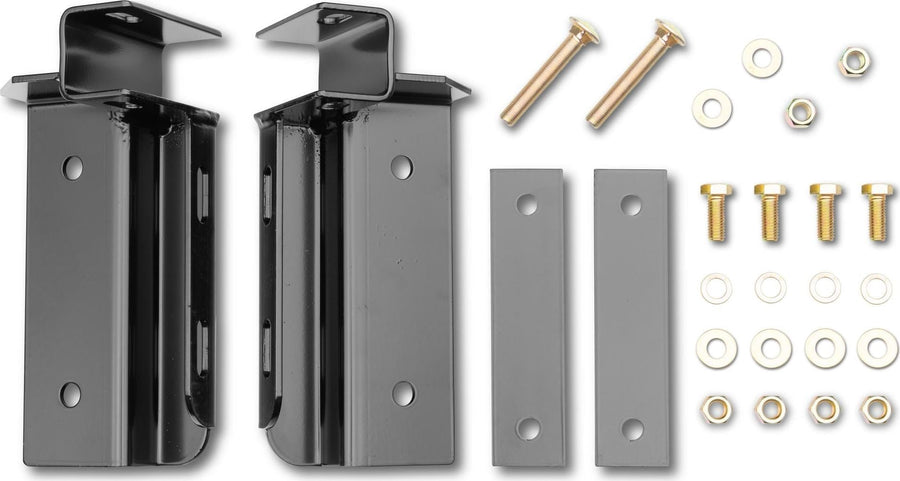 BackRack Utility Body Installation Kit: Pair of black utility body mounting brackets with two plates and fastening hardware on a white background.