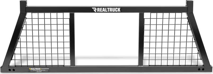 BackRack Half Safety Headache Rack: Black half safety headache rack seen straight on, with mesh outer panels and an open center section.