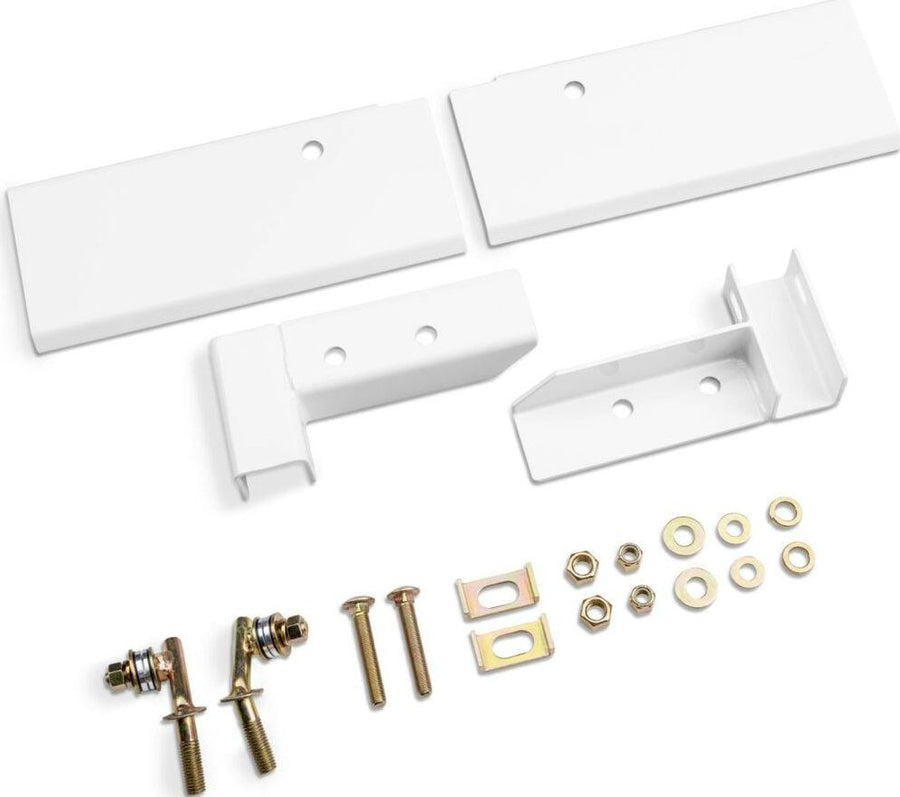 BackRack Utility Body Installation Kit: White powder coated utility body mounting brackets and plates with bolts and washers on a white background.