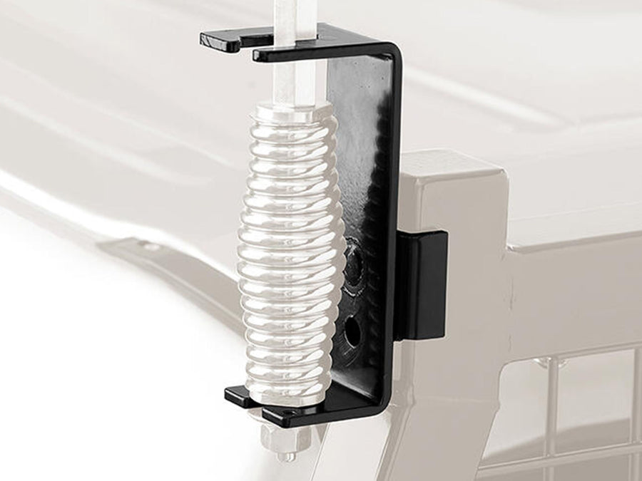 BackRack Mining Whip Bracket: A black mining whip bracket holds a spring whip base on a ghosted headache rack.
