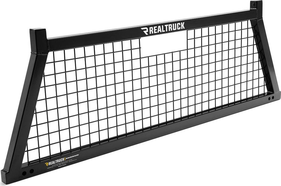BackRack Safety Headache Rack: Black Safety headache rack with a welded wire mesh screen, shown at an angle against a white background.