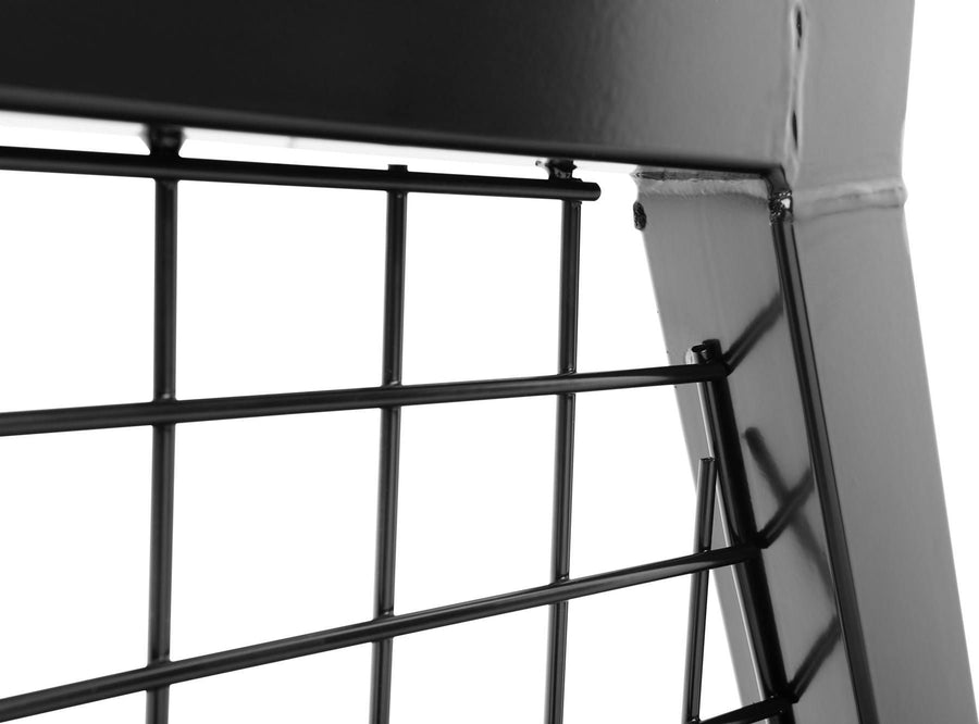 BackRack Utility Body Safety Rack: Close-up of black welded wire mesh and a rack post corner.