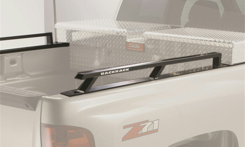 BackRack Side Rails with 21 inch toolbox, black rail fitted along a pickup bed beside a crossover toolbox