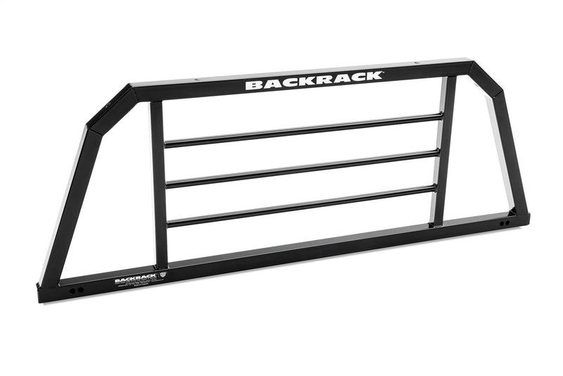 BackRack SR: black SR headache rack with a welded angled frame and three horizontal bars, shown against a white background