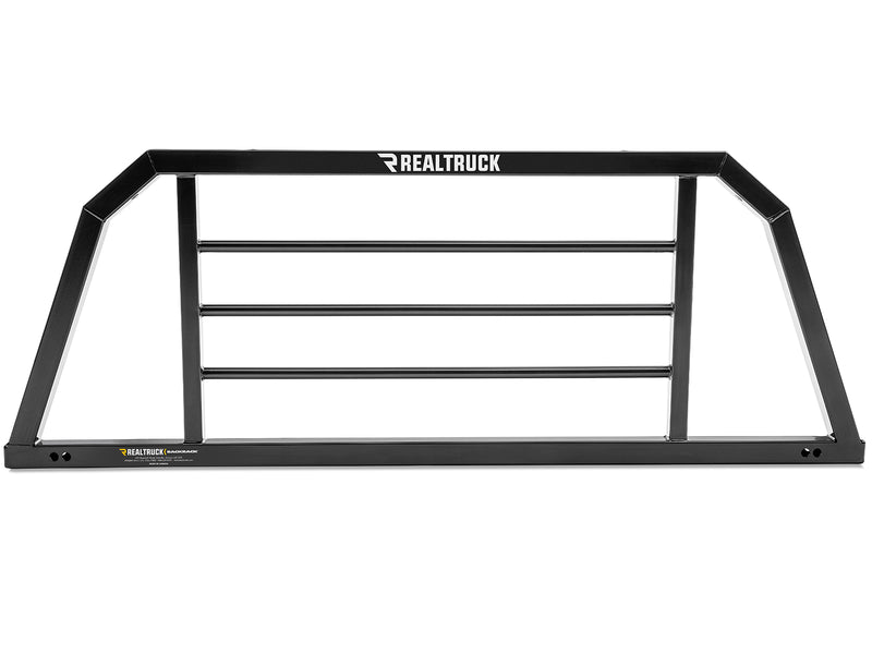 BackRack SR: black SR headache rack with an angled welded frame and three horizontal bars, shown straight on against a white background
