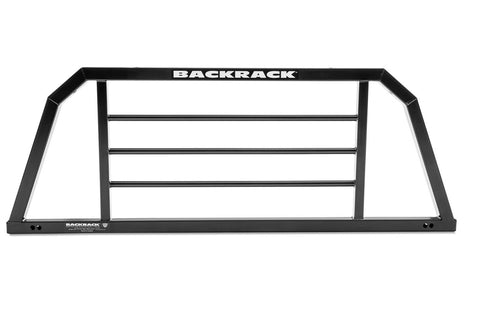BackRack SR: black SR headache rack with an angled welded frame and three horizontal bars, shown straight on against a white background