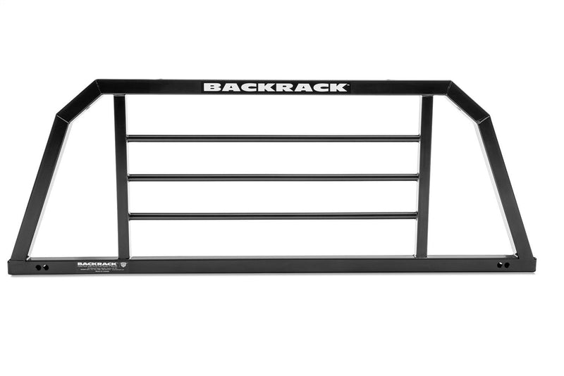 BackRack SR: black SR headache rack with an angled welded frame and three horizontal bars, shown straight on against a white background