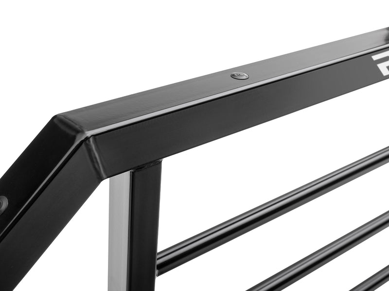 BackRack SR: close-up of the angled top corner and horizontal bars of a black SR headache rack