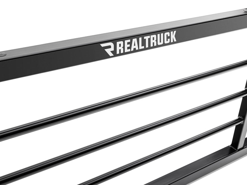 BackRack SR: close-up of the top bar and horizontal slats of a black headache rack