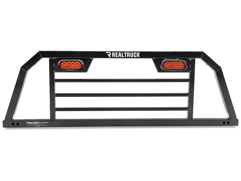 BackRack SRL: black SRL headache rack with two integrated amber oval LED lights and horizontal bars, shown straight on against a white background