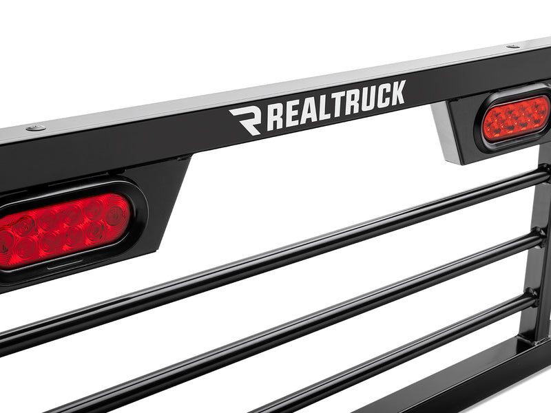BackRack SRL: close-up of a black SRL headache rack top bar with two integrated red oval LED lights