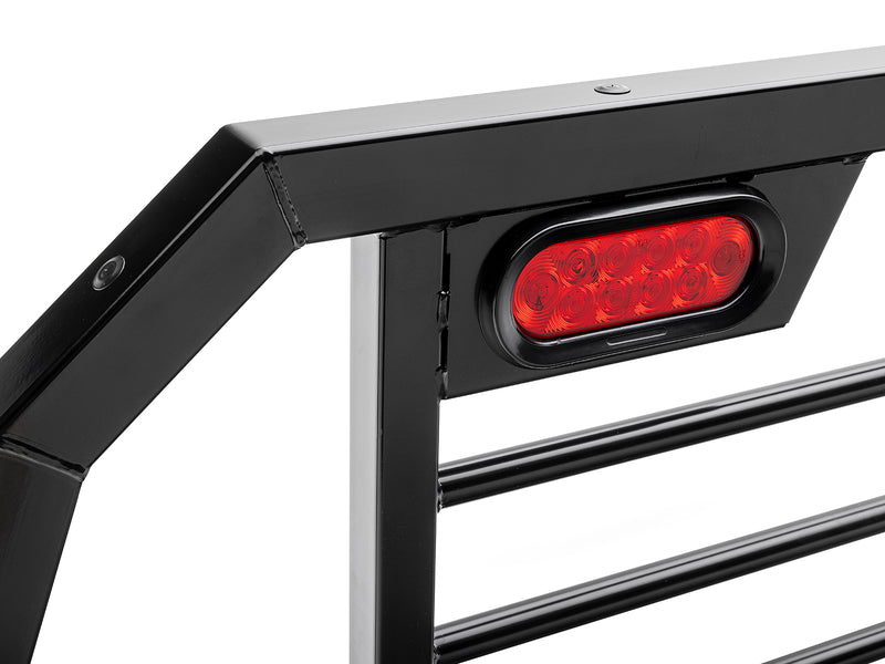 BackRack SRL: close-up of the top corner of a black SRL headache rack with an integrated red oval LED light