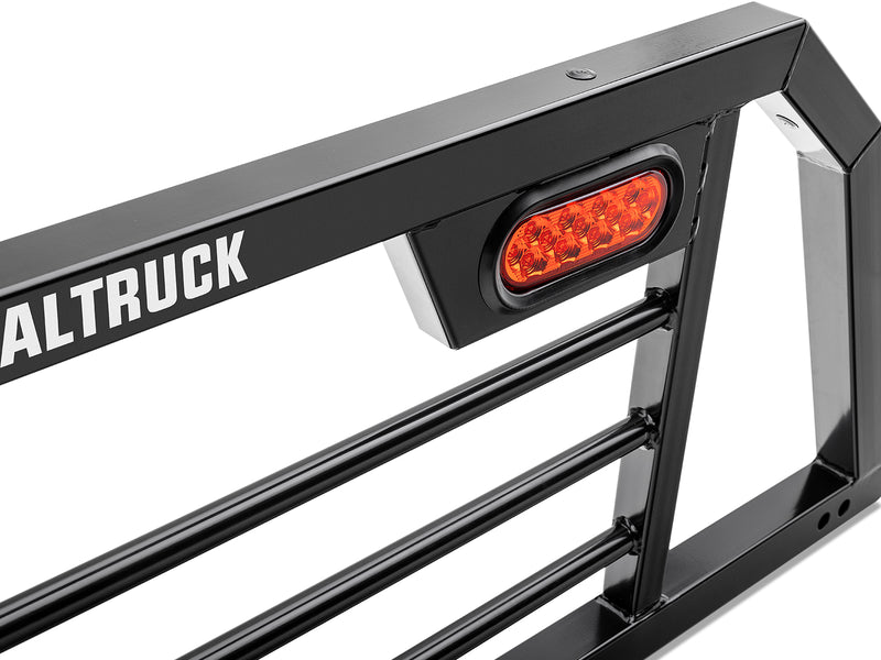 BackRack SRL: close-up of the top corner of a black SRL headache rack with an integrated amber oval LED light